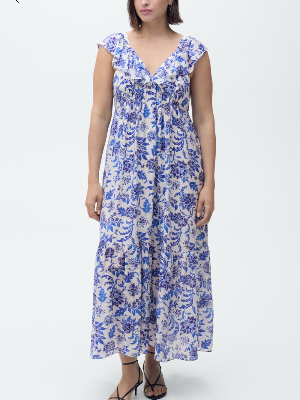 NWT Mango Floral Blue & White Ruffle-Trim Maxi Dress